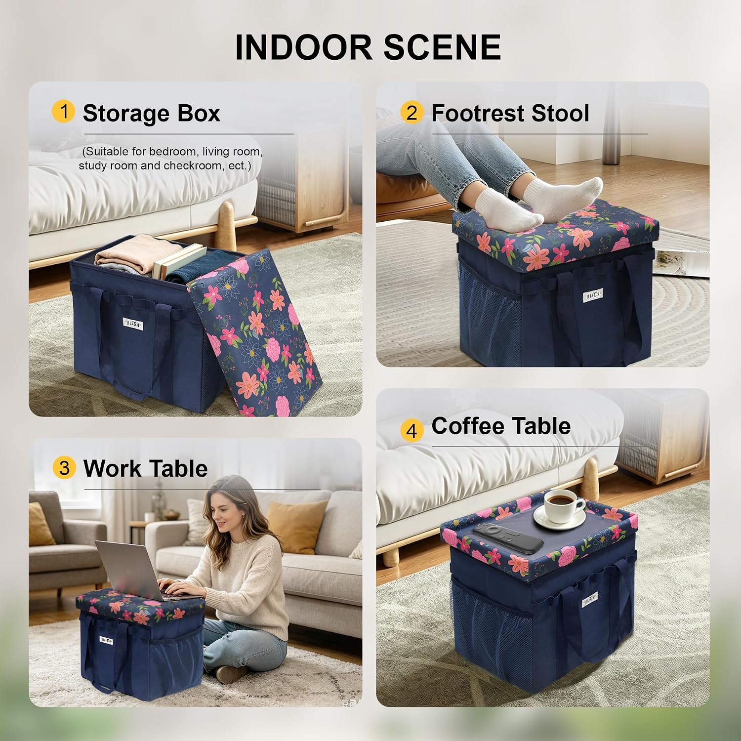 49L Floral Foldable Storage Ottoman 220lb Heavy Duty Sitting Stool | 2-in-1 Seating footrest, Thick floral padded seat, Mesh side pockets, Padded handles, For home camping picnic