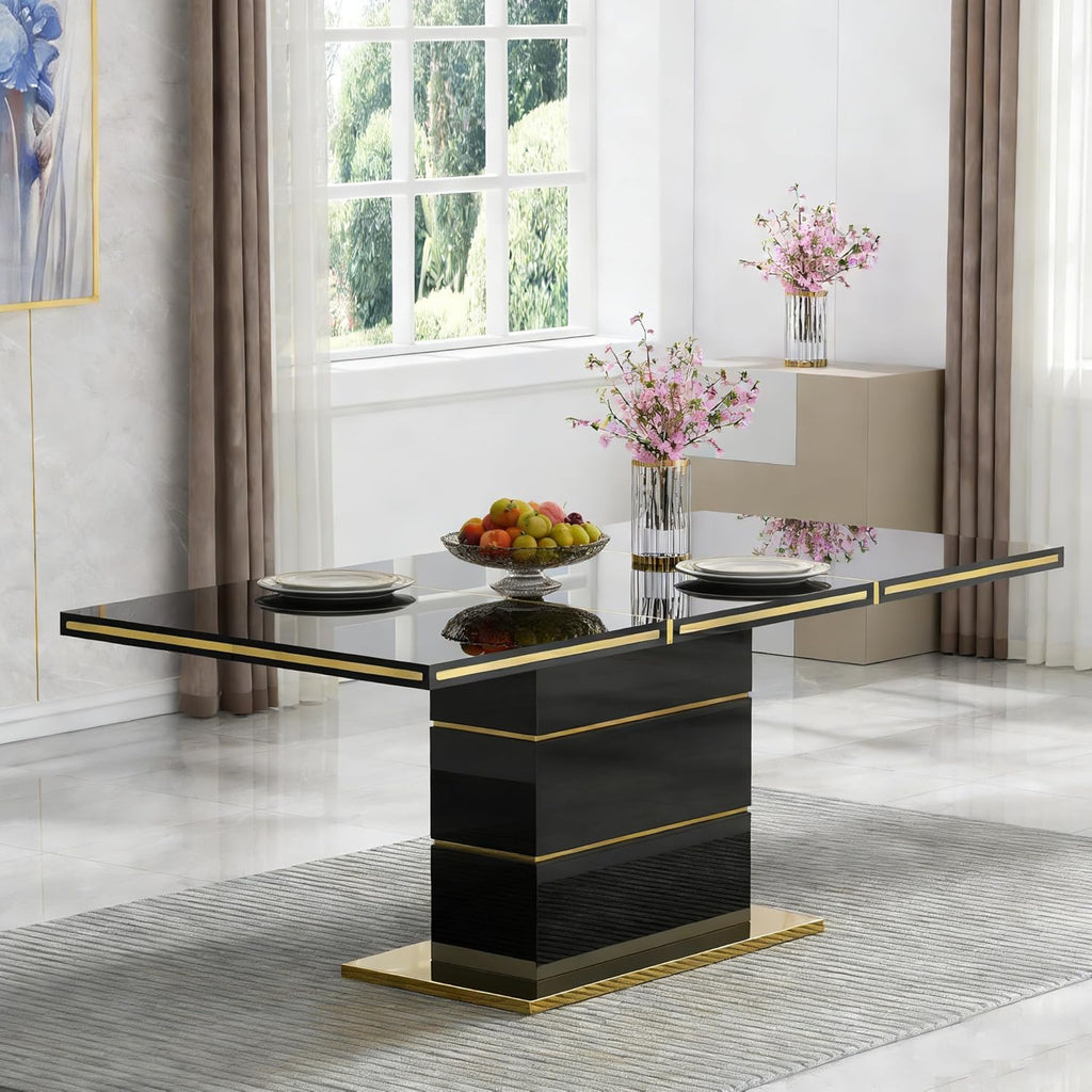 Henf 70" Black Dining Table for 4 6, Modern Glossy Kitchen Table with 1.5" Thick Lacquered Tabletop and Gold Stainless Steel Trim, Luxury Rectangular Dinner Tables for Dining Room
