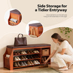 OAKHAM 50" Bamboo Shoe Storage Bench with Comfortable Padded Faux Leather Seat and 550 lbs Capacity, 3-Level Adjustable Shelf, Side Storage Slot and 3 Hooks for Entryway Hallway Mudroom, Brown