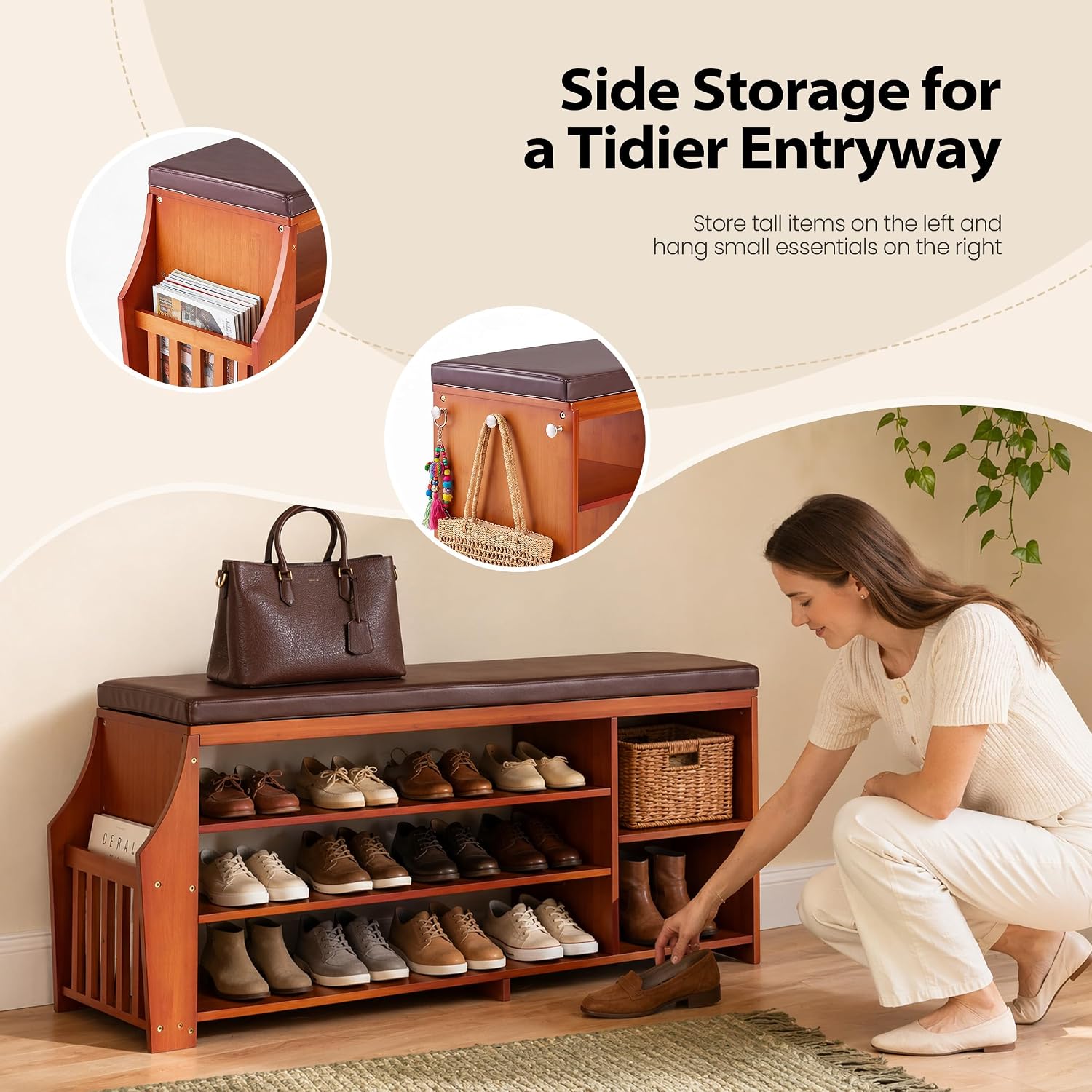 OAKHAM 50" Bamboo Shoe Storage Bench with Comfortable Padded Faux Leather Seat and 550 lbs Capacity, 3-Level Adjustable Shelf, Side Storage Slot and 3 Hooks for Entryway Hallway Mudroom, Brown