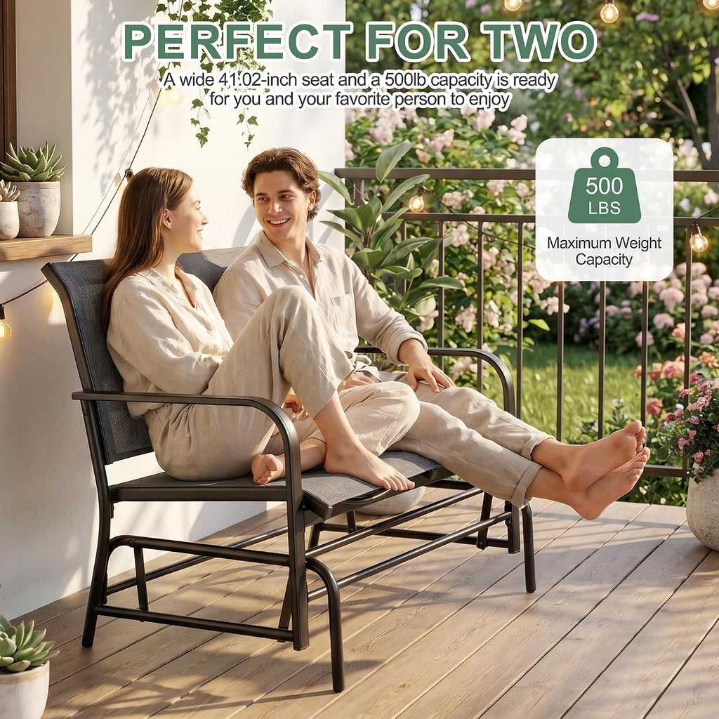 Shintenchi 2-Person Outdoor Glider Bench with Breathable Fabric, Steel Frame Patio Swing Chair, Ergonomic Design Metal Rocking Bench Loveseat for Patio, Backyard, Poolside, Gray