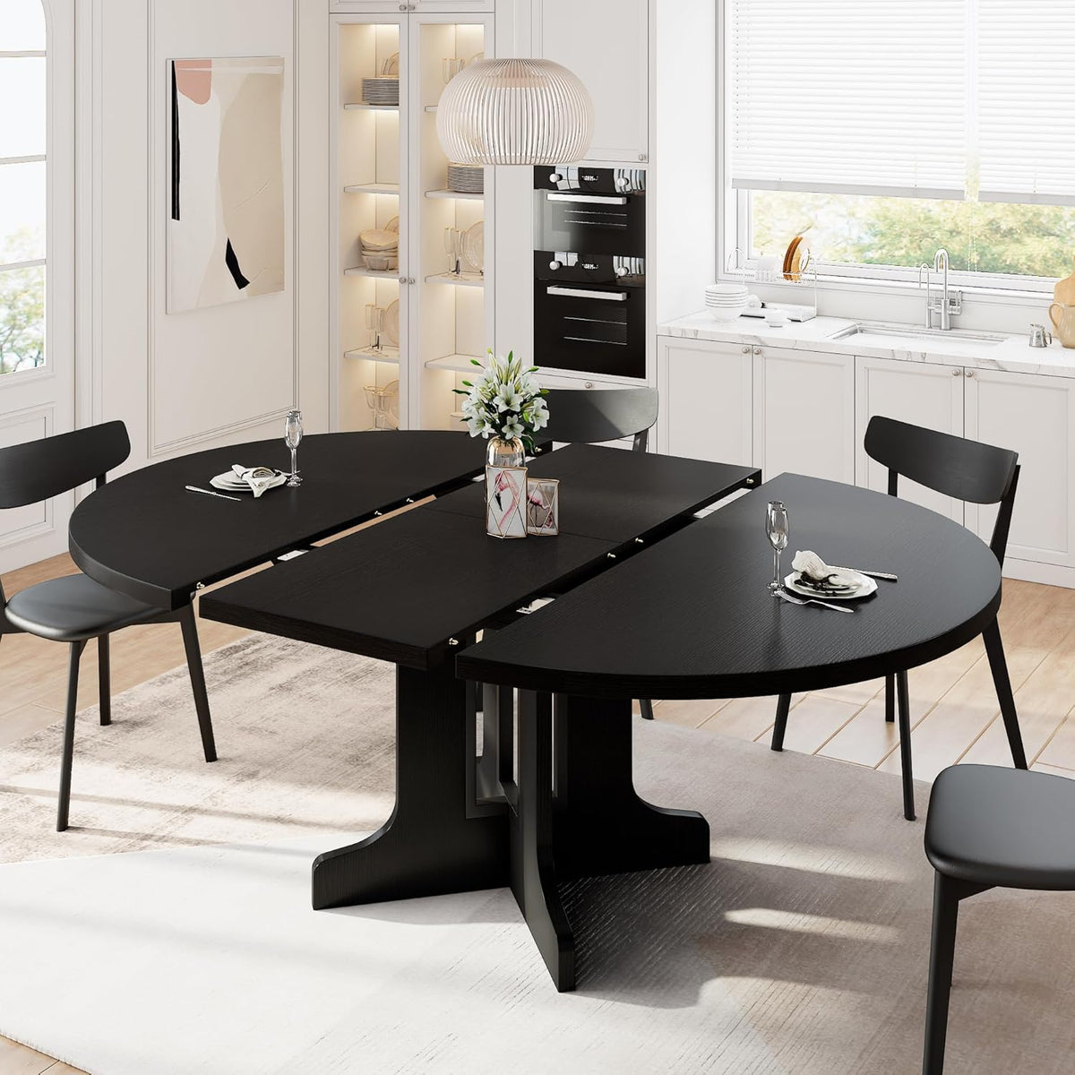 iPormis 59" Extendable Round Dining Table for 4-6, Modern Kitchen Table with Heavy Duty Pedestal Base & Wooden Top, Oval Dinner Table, Dining Room for Dining Living Room, Easy Assembly, Black
