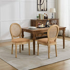 Vintage French Rattan Dining Chairs Set of 4, Round Back Accent Chairs with Rattan Backrest and Upholstered Linen Seat, Solid Wood Frame Sillas de Comedor for Dining Room & Kitchen, Camel