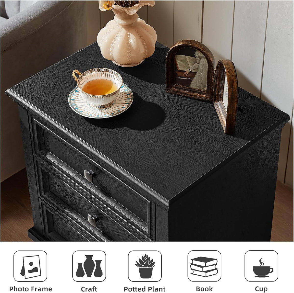 SAVOR LIFE 3-Drawer Nightstand Set of 2 with Solid Wood Legs, Black | Pair of three-drawer bedside tables with sturdy square wood legs for matching bedroom storage or living-room end tables