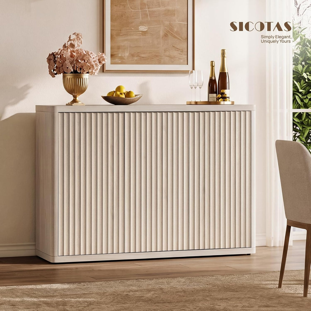 SICOTAS Buffet Cabinet with Storage Accent Sideboard with 3 Doors Modern 46.6" Wide Credenza Fluted Buffet Table Media Console Cabinet Entryway Cabinets for Living Room Kitchen Dining Room Hallway