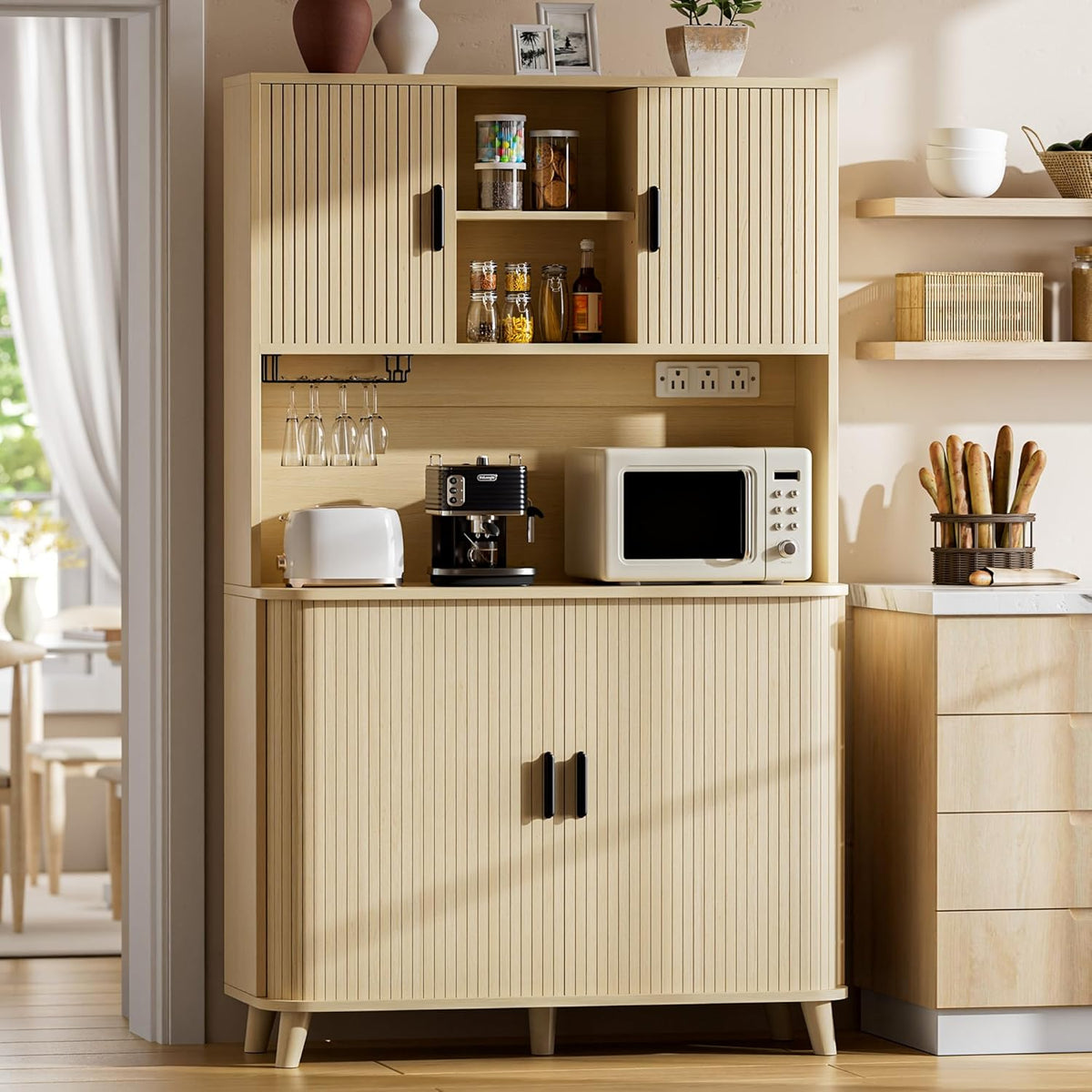 Lulive 71" Tall Pantry Cabinet with Rolling & Sliding Doors, 39" Wide Kitchen Storage Cabinet with Charging Station and Open Countertop, Modern Kitchen Pantry Cabinet for Dining Room, Natrual