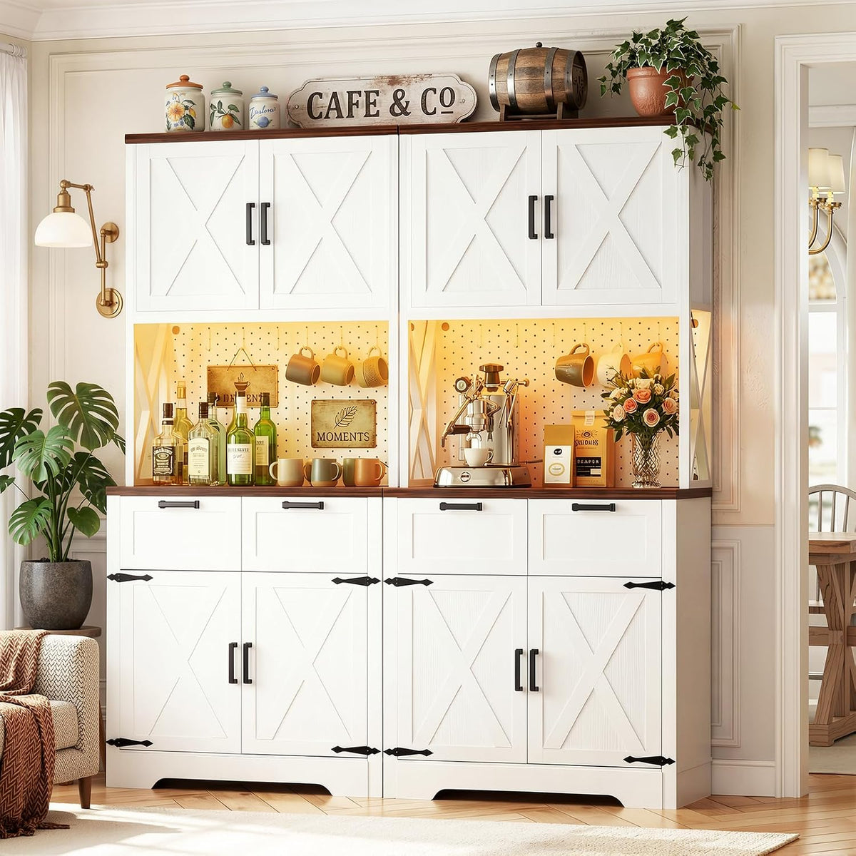 Unikito Pantry Cabinet with Microwave Countertop, 71" Tall Kitchen Pantry Storage Cabinet with Charging Station & LED Lights, Freestanding Kitchen Hutch with Drawers& Pegboard for Dining Room, White