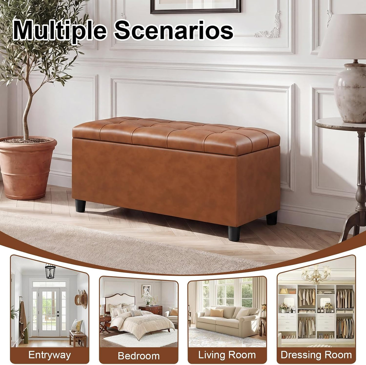Asense Storage Ottoman Bench,Faux Leather Upholstered Ottoman with Storage,End of Bed Bench with Safety Hinge,for Entryway,Bedroom,Living Room