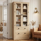 71" Tall Kitchen Pantry Cabinet - Modern Display Storage Cabinet with 2 Large Drawers, Glass Doors, and Adjustable Shelves, Farmhouse Kitchen Cupboard for Dining Room, Bathroom, Living Room, Natural