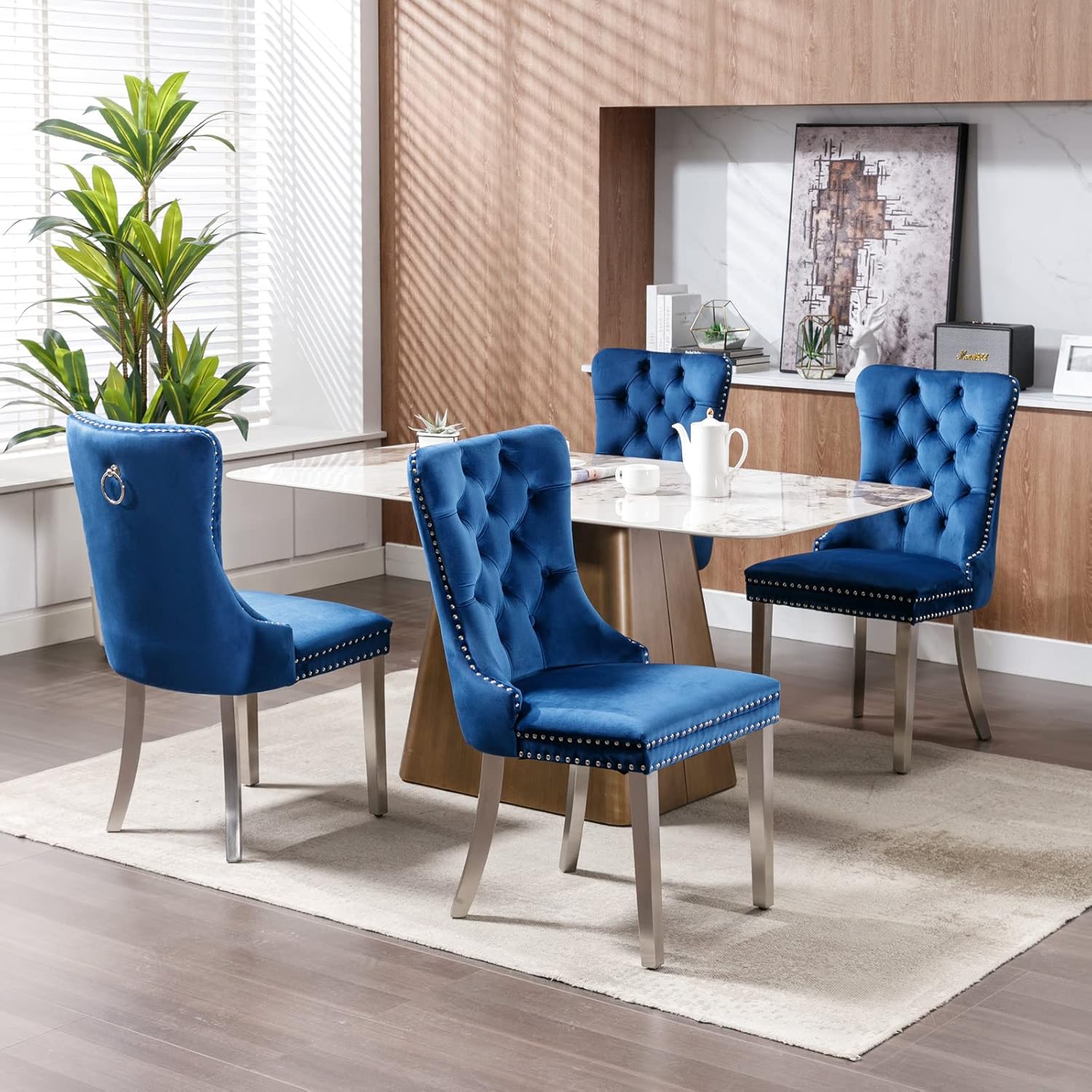 Modern Velvet Upholstered Dining Chairs Set of 4 - Tufted Back with Nailhead Trim & Silver Stainless Steel Legs for Kitchen, Dining Room, Living Room (Blue)