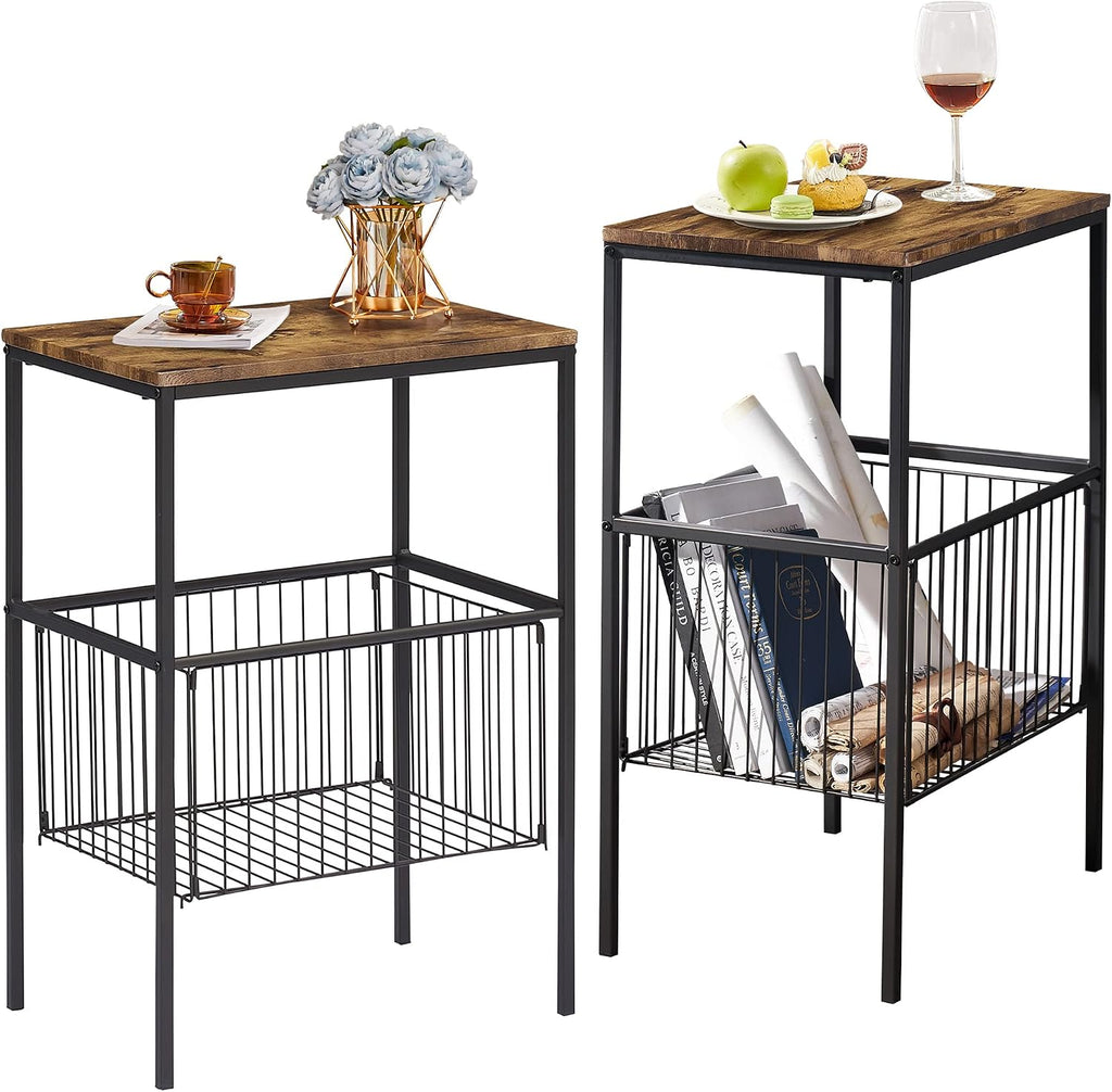 VECELO Tall End Table with Metal Basket,Nightstand with Shelf Storage Organizer, Wood Night Stand with Metal Frame, Waterproof for Bedroom, Living Room, Bathroom