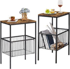 VECELO Tall End Table with Metal Basket,Nightstand with Shelf Storage Organizer, Wood Night Stand with Metal Frame, Waterproof for Bedroom, Living Room, Bathroom