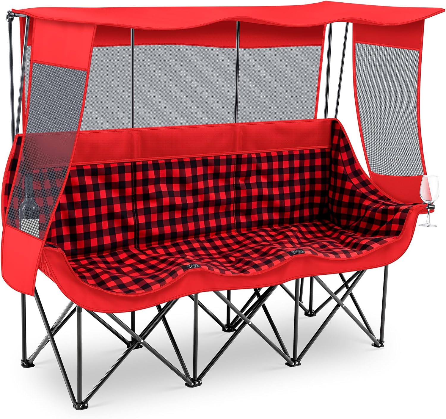 Teenyyou 3 Person Camping Chair with Canopy – Ultimate UV Sun Protection, 700lbs Heavy Duty Oversized Beach Chair, Foldable Portable Sofa with Cup Holder & Storage for Beach Lawn Outdoor(Red Black)