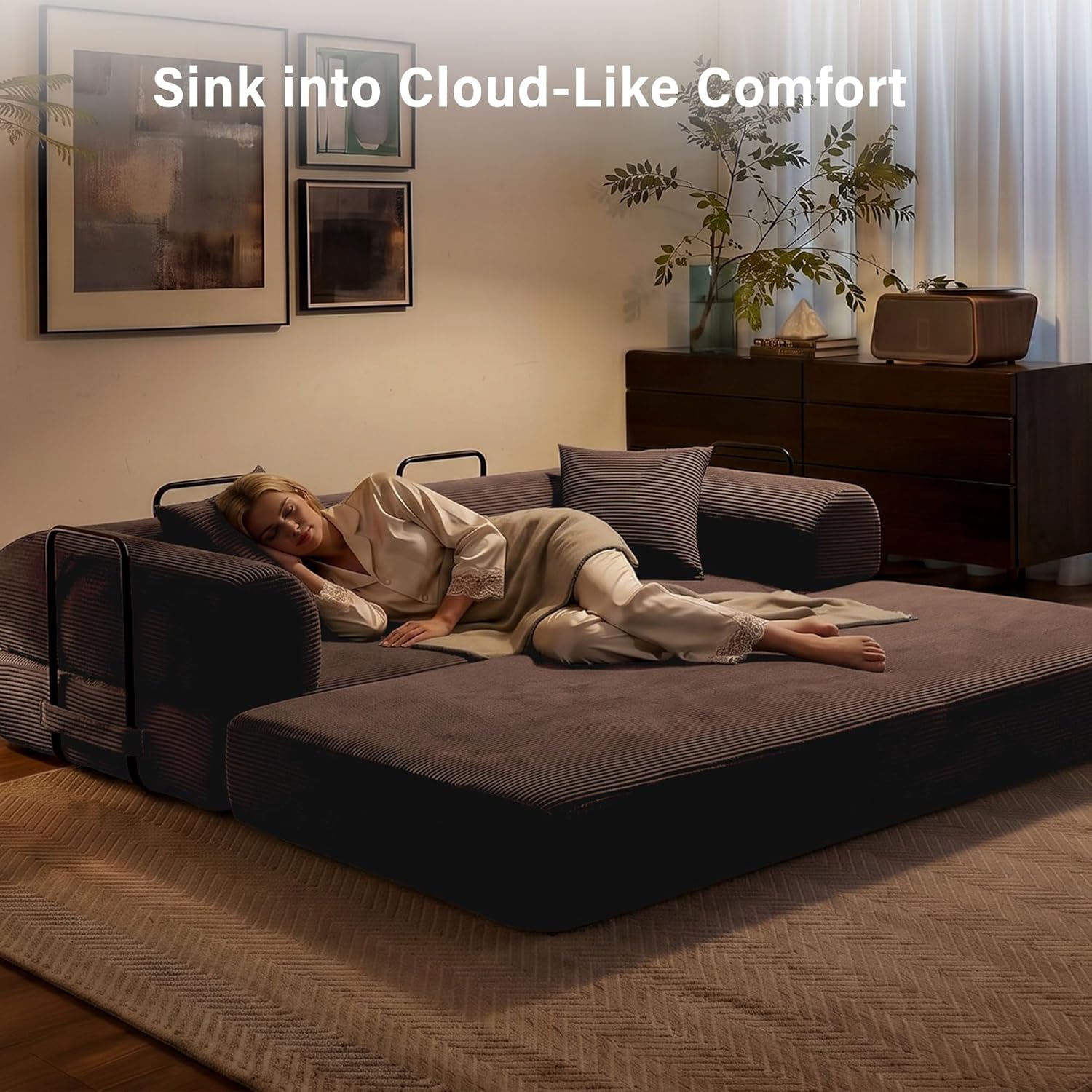 79" Convertible Sofa Bed, 5-in-1 Corduroy Couch Bed Sofa Pull Out, Memory Foam Couch, No Assembly Futon Couches for Living Room (Brown)