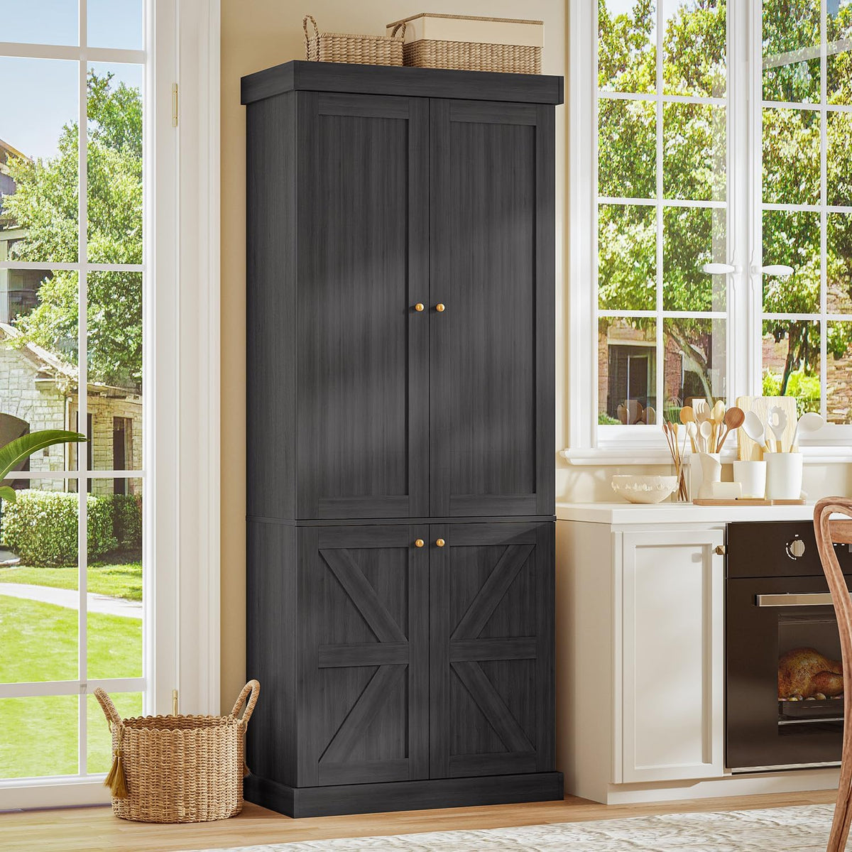 ivaniti 70.8" Tall Farmhouse Kitchen Pantry Cabinet with Glass Doors, Modular Storage Cabinet with 6-Tier Adjustable Shelves, Large Storage Cabinet for Kitchen or Living Room, Set of 3, Black