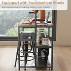 Industrial Kitchen Island Dining Table with Power Outlet, Retro | Microwave Stand with Storage Shelves, 2 Bar Stools and 5 Hooks, Coffee Bar for Dining Room, Living Room