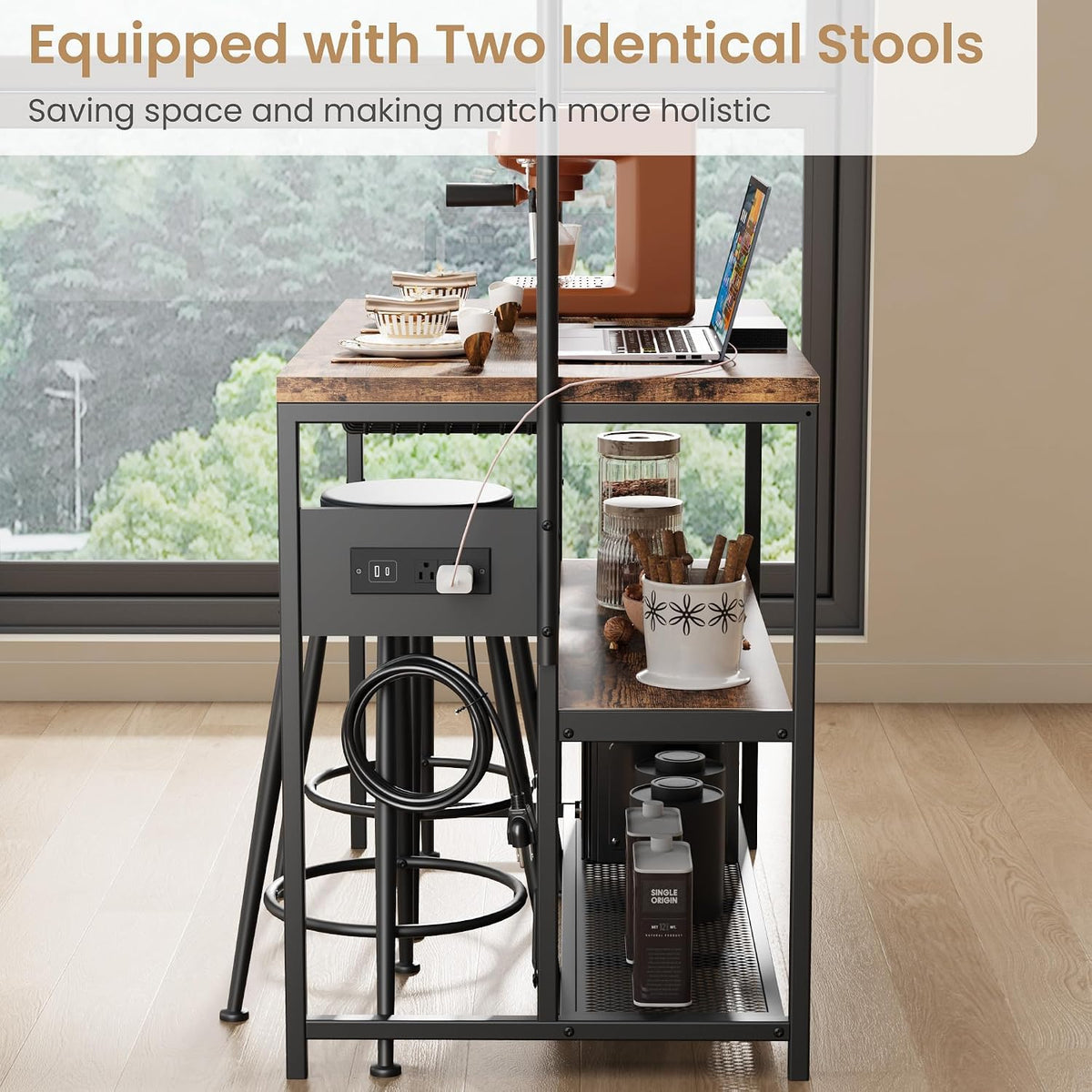 Industrial Kitchen Island Dining Table with Power Outlet, Retro | Microwave Stand with Storage Shelves, 2 Bar Stools and 5 Hooks, Coffee Bar for Dining Room, Living Room