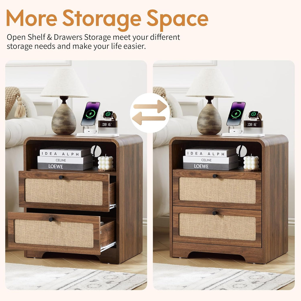 Farmhouse Nightstand with Charging Station, Night Stand with 2 Drawers, Mid-Century End Table with Linen Decor Storage for Livng Room Sofa Couch, Bedroom, Home Office 19.68"x13.77"x23.62"