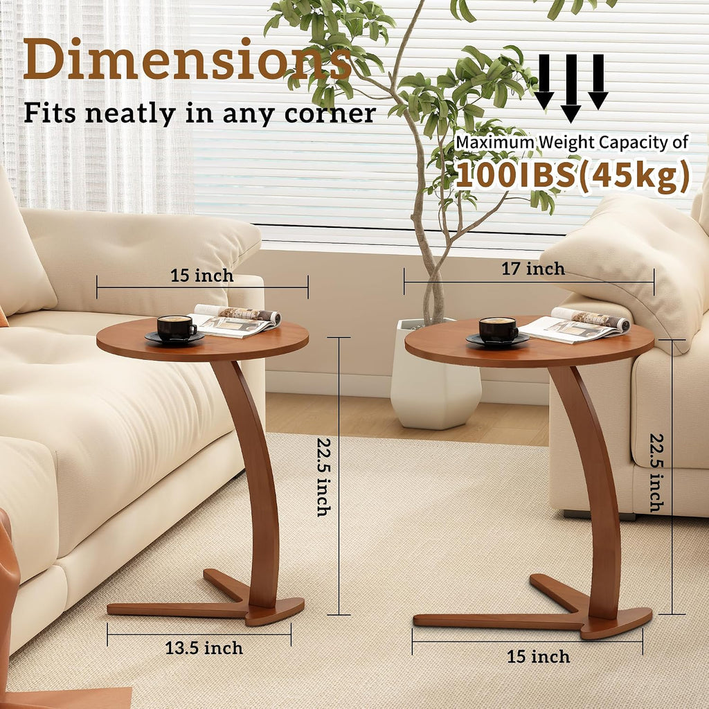Couch Tables that Slide Under: 15 '' Modern C Shaped End Table Nightstand with Natural Solid Wood Small Bedside Table for Living Room Bedroom Farmhouse Small Spaces (Medium)