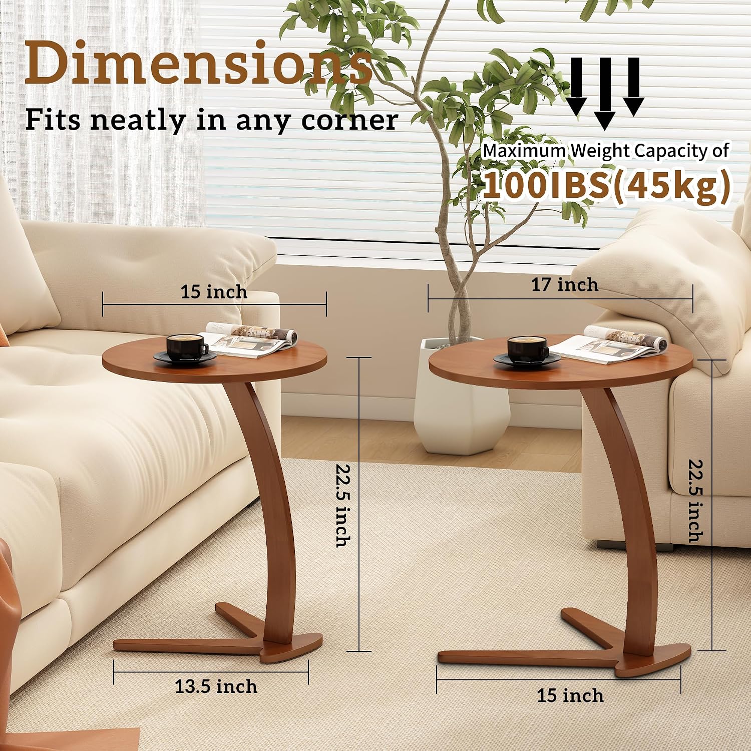 Couch Tables that Slide Under: 15 '' Modern C Shaped End Table Nightstand with Natural Solid Wood Small Bedside Table for Living Room Bedroom Farmhouse Small Spaces (Medium)