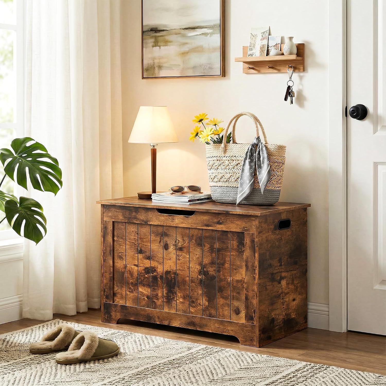 SUPER DEAL Storage Chest, 30 inches Chest Box Organizer with 2 Safety Hinges, Wooden Entryway Storage Bench, Rustic Brown