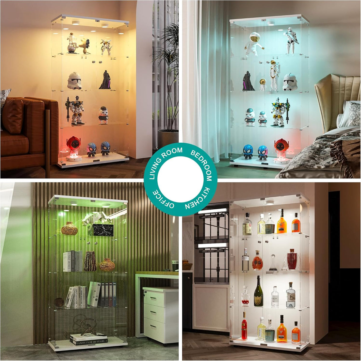 FANYUSHOW Display Cabinet with Glass Door and LED Light, 4-Tier Tempered Glass Display Shelf, Glass Curio Cabinet Collection Display Case, Display Case Cabinet, White 64" H x 32" L x 14" W