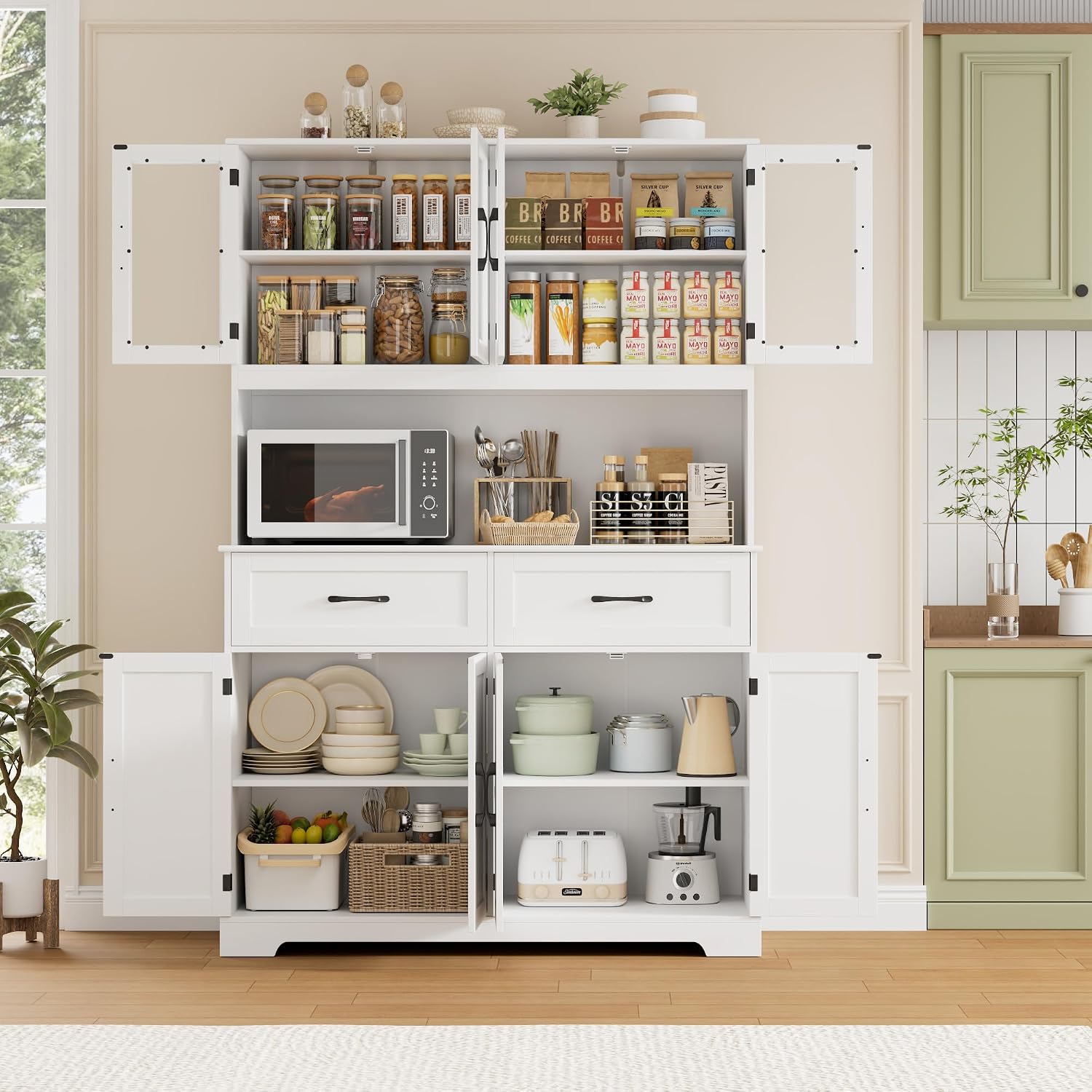 BOTLOG 71" Large Pantry Storage Cabinet with Microwave Stand | Tall Hutch Cabinet with Glass Doors 8 Storage Compartments for Dining Room, Modern White