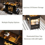 Kikihouse Modern Closet Island with 10 Drawers, LED Wardrobe Armoire Island with Glass Top, Luxury Walk-in Closet Island Storage Cabinet with Display Shelf for Cloakroom, Dressing Room (Black)