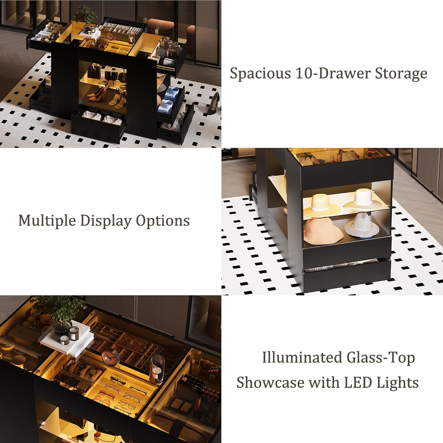 Kikihouse Modern Closet Island with 10 Drawers, LED Wardrobe Armoire Island with Glass Top, Luxury Walk-in Closet Island Storage Cabinet with Display Shelf for Cloakroom, Dressing Room (Black)