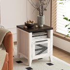 VFK Farmhouse End Table with Charging Station, 18.1" Narrow Side Table for Living Room, Sofa End Table with Storage Cabinet & Open Shelf, Nightstand with 2 USB Ports and 2 AC Outlets
