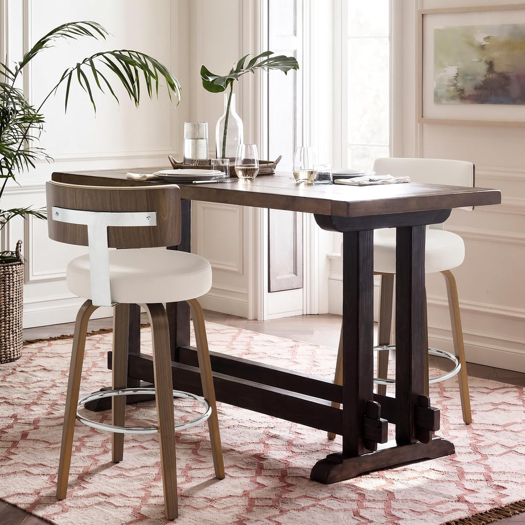Bekrvio Swivel Counter Height Bar Stools Set of 3, Faux Leather Kitchen Stools Upholstered Barstools with Back, Walnut Wood Legs, Mid Century Island Chairs Counter Stools, 26" Seat Height, White