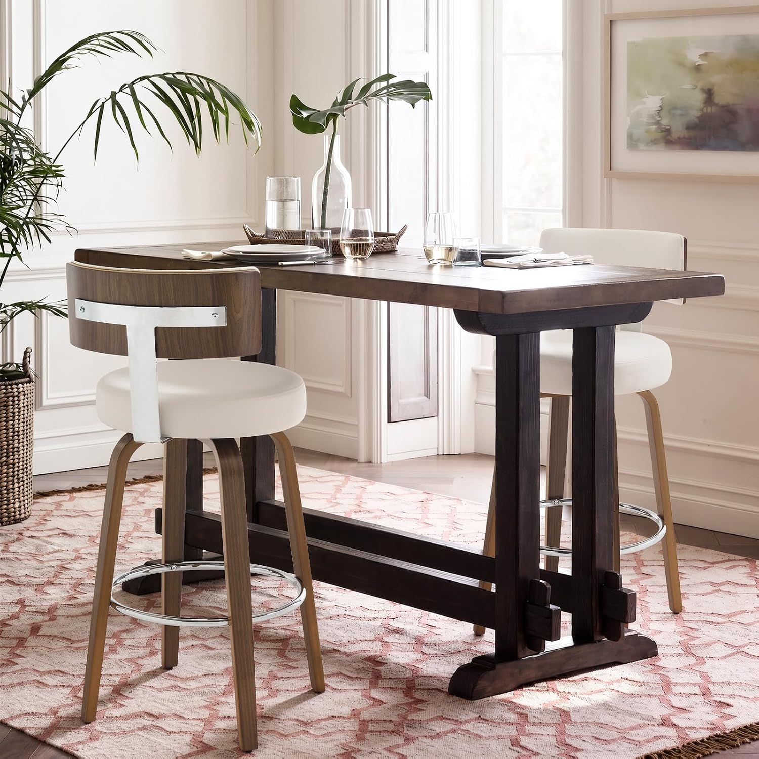 Bekrvio Swivel Counter Height Bar Stools Set of 3, Faux Leather Kitchen Stools Upholstered Barstools with Back, Walnut Wood Legs, Mid Century Island Chairs Counter Stools, 26" Seat Height, White