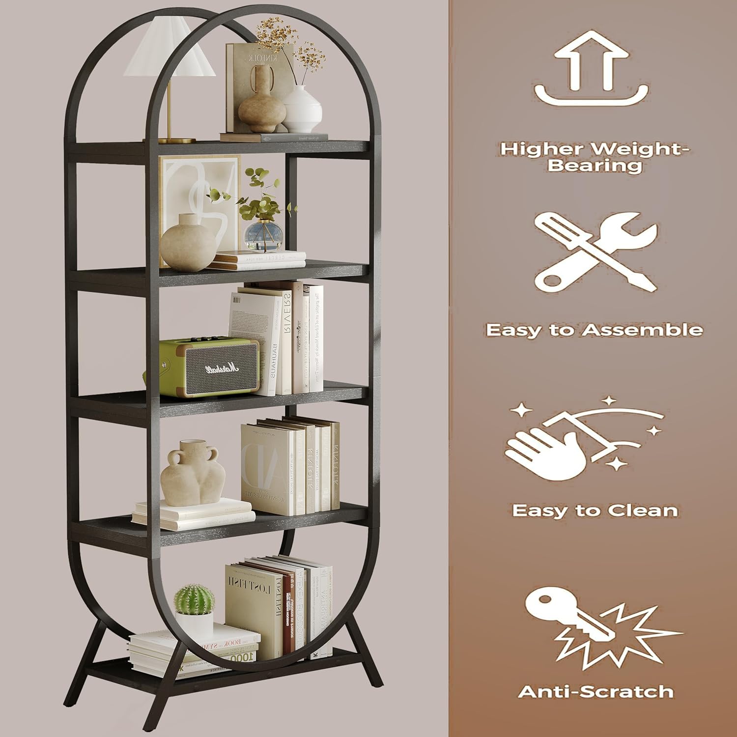 Arched Bookshelf,5-Tier Tall Wide Open Bookshelf,Modern Brown Storage Bookshelves, Freestanding Display Rack Shelving Unit for Office, Bedroom, Living Room, Easy Assembly, Black