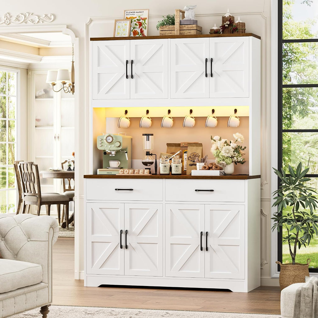 HIFIT 71" LED Pantry Cabinet with Charging Station, Tall Coffee Bar Cabinet | Farmhouse Kitchen Hutch Cabinet with Storage, Large Countertop, 7 Metal Cup Hooks, White