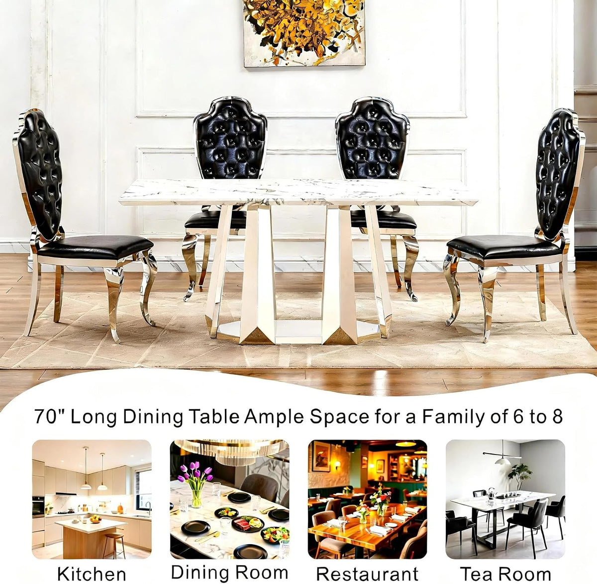 Luxury Rectangle Faux Marble 70" White Dining Table for 6-8 People, Modern Large Kitchen Table with Silver Mirrored Stainless Steel Leg Base, Dining Table for Dining/Living Room, Office (One Table)