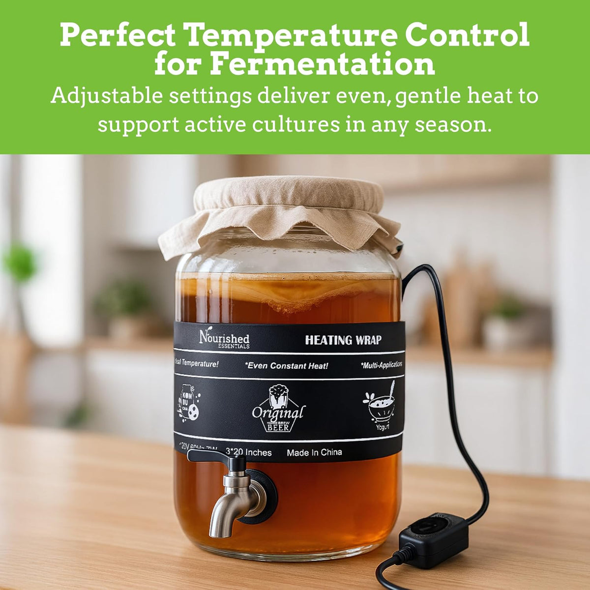 Nourished Essentials | Kombucha Heating Wrap Black - 3''x20'' - Precise Temperature Control for Kombucha Brewing Kit and Fermentation Heater Pad - Homebrew, Germination Supplies and Sourdough Starter