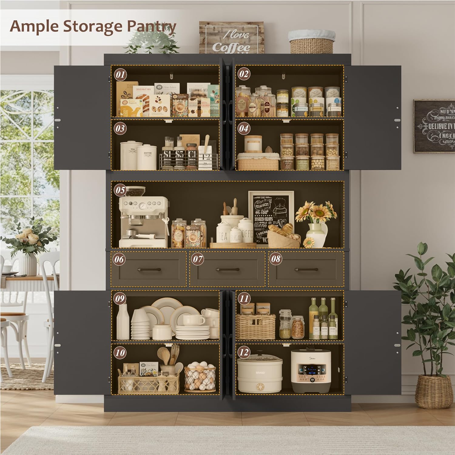 HITHOS 76" Tall Kitchen Pantry Storage Cabinet, 55“ Wide Kitchen Hutch Cabinet with Storage Drawers, Large Food Pantry with Microwave Stand, Modern Cupboard with Hutch for Dining Living Room, Black