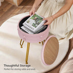 VECELO Round Velvet Vanity Stool with Storage, Faux Fur Padded Makeup Chair with 4 Metal Legs for Bedroom, Pink