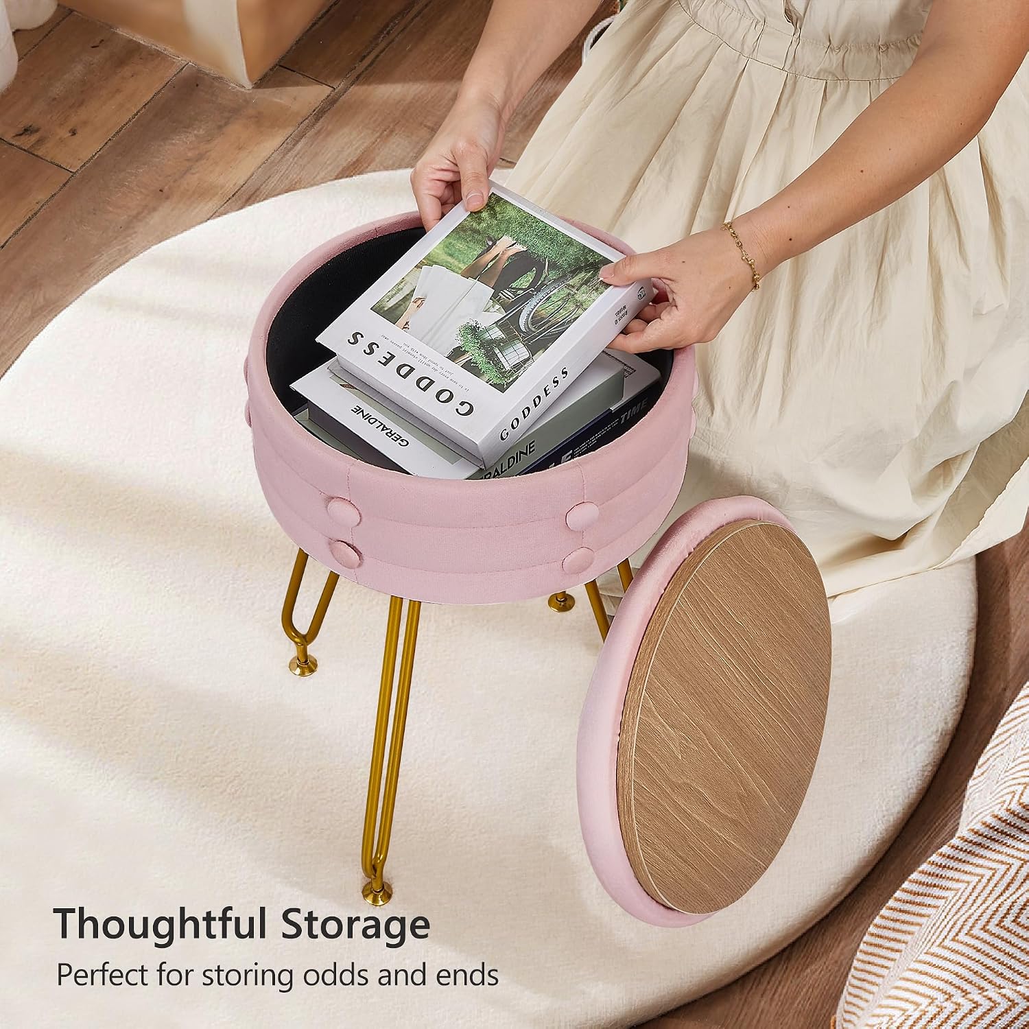 VECELO Round Velvet Vanity Stool with Storage, Faux Fur Padded Makeup Chair with 4 Metal Legs for Bedroom, Pink