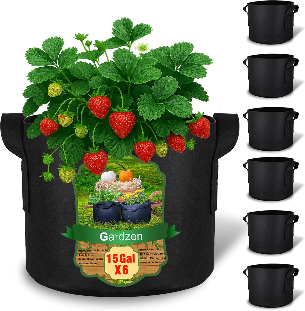 Gardzen 15 Gallon Grow Bags 6-Pack, 500G Thick Nonwoven Fabric Pots with Waterproof Liner & Breathable Bottom, for Hot Dry Climates