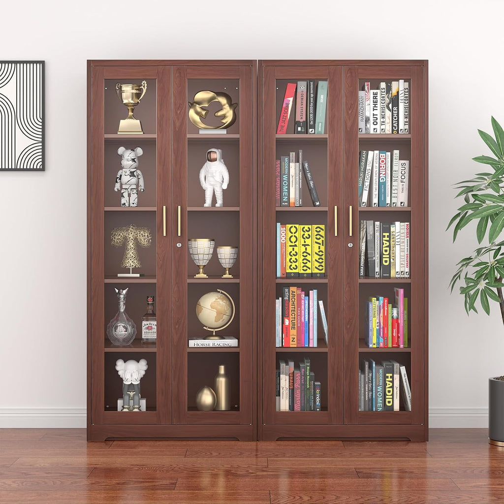 Polup Glass Display Cabinet, Display Case with Glass Doors and Shelves, Metal Curio Cabinets with Locking, 71" Tall Bookcase with Glass Doors for Home, School, Clinic (Wood Color)- Assemble Required