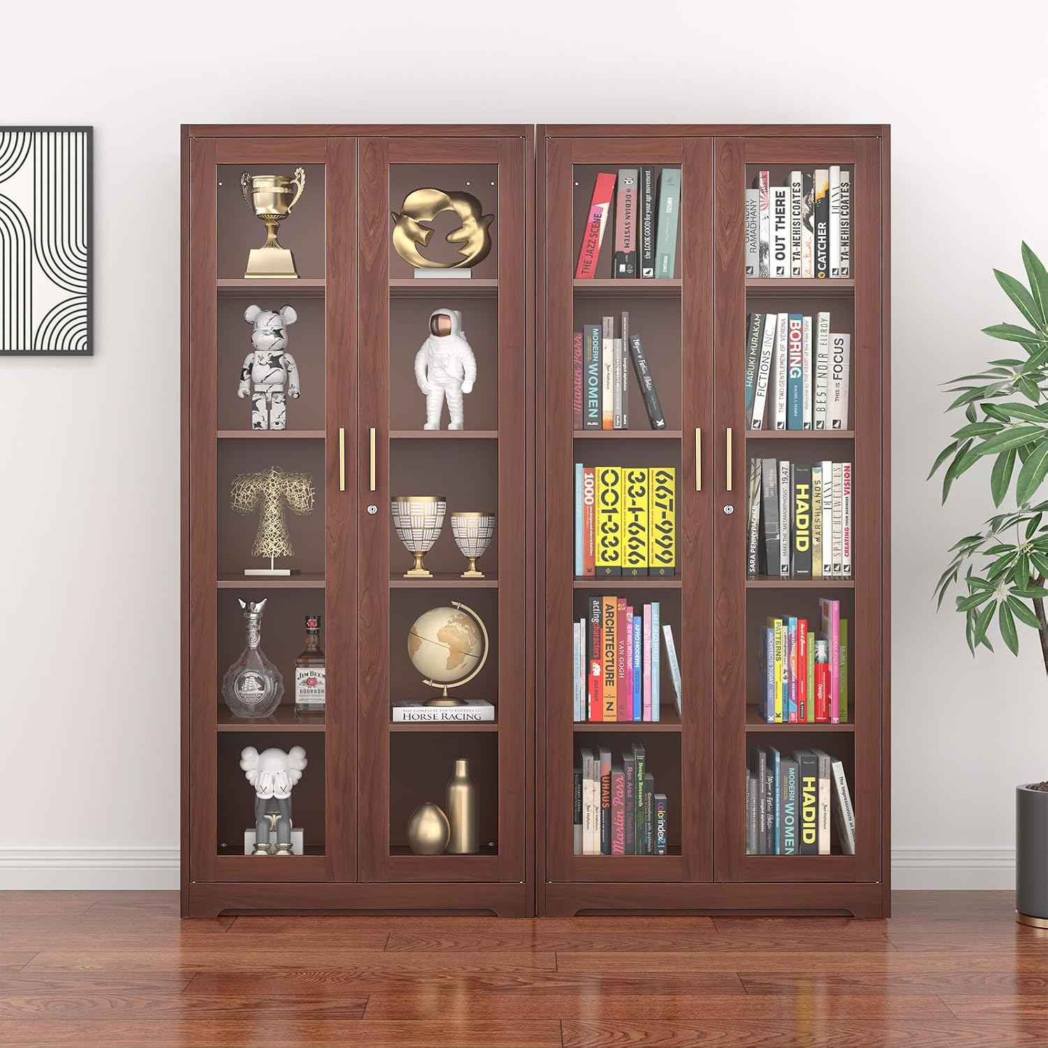 Polup Glass Display Cabinet, Display Case with Glass Doors and Shelves, Metal Curio Cabinets with Locking, 71" Tall Bookcase with Glass Doors for Home, School, Clinic (Wood Color)- Assemble Required