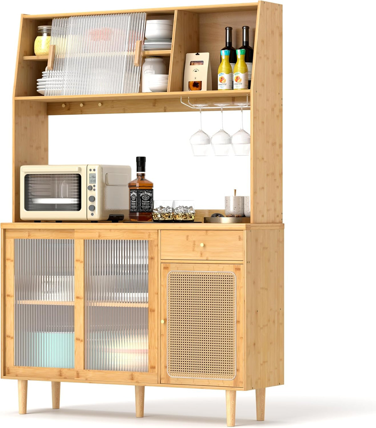 LOKO 69” Tall Bamboo Pantry Cabinet with Hutch, Kitchen Buffet Sideboard with Tempered Glass & PE Rattan Doors, Microwave Shelf, Glass Holder, Floor Cupboard Wine Bar Cabinet, Natural