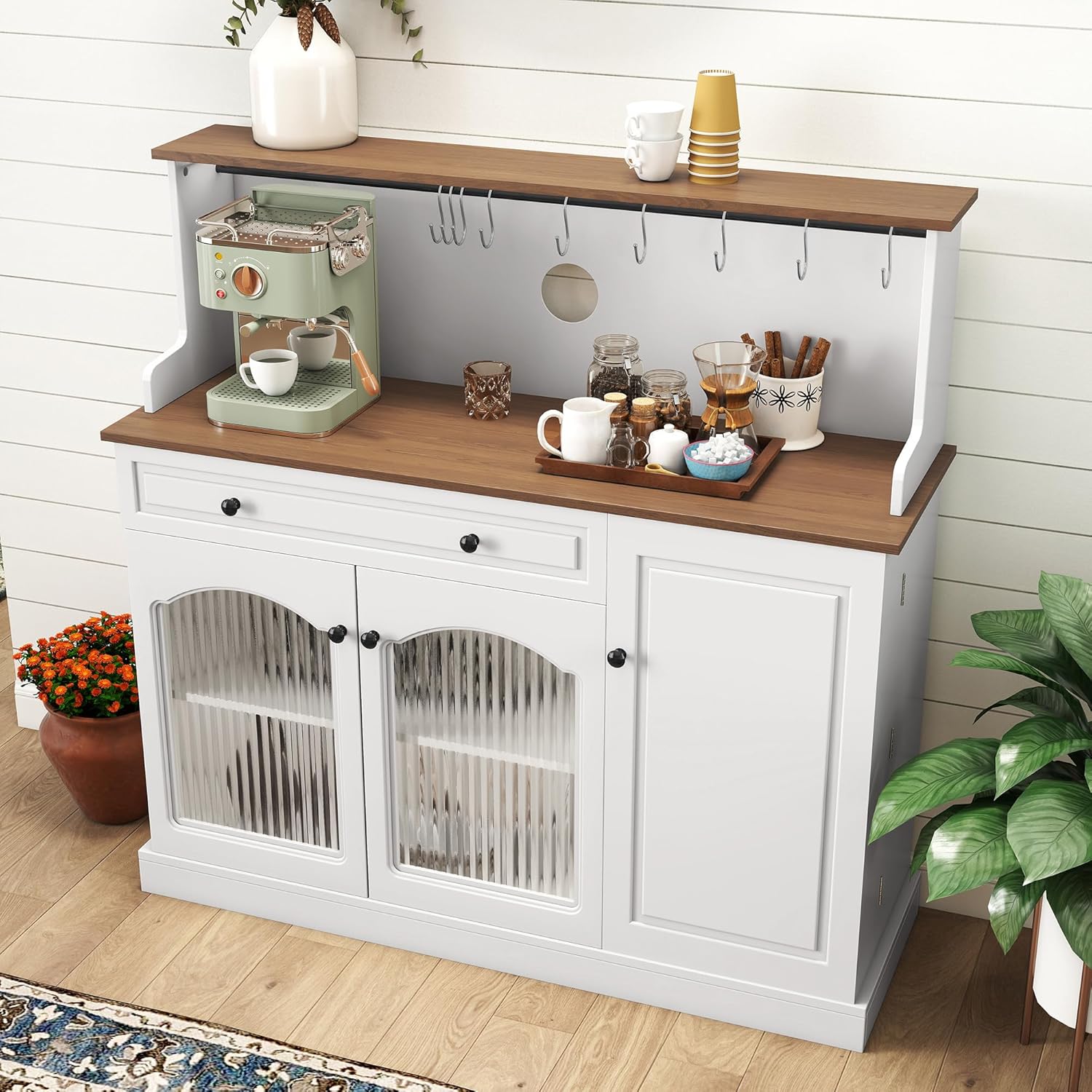 Kitchen Pantry Cabinet with Drawer Storage, 48” Modern Farmhosue Kitchen Hutch with Glass Doors, White Storage Cabinet with Countertop and Adjustable Shelves for Dining Room, Living Room