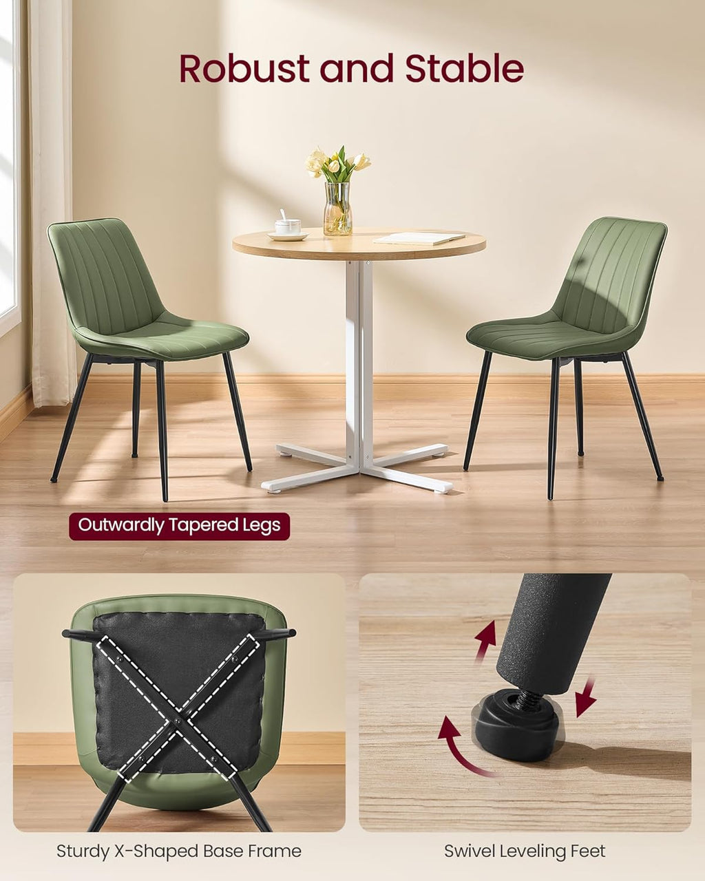 VASAGLE Dining Chairs Set of 2, Upholstered Kitchen Chairs, PU Leather | Steel Legs, Curved Backrest, for Dining Room, Forest Green and Ink Black ULDC090CH02
