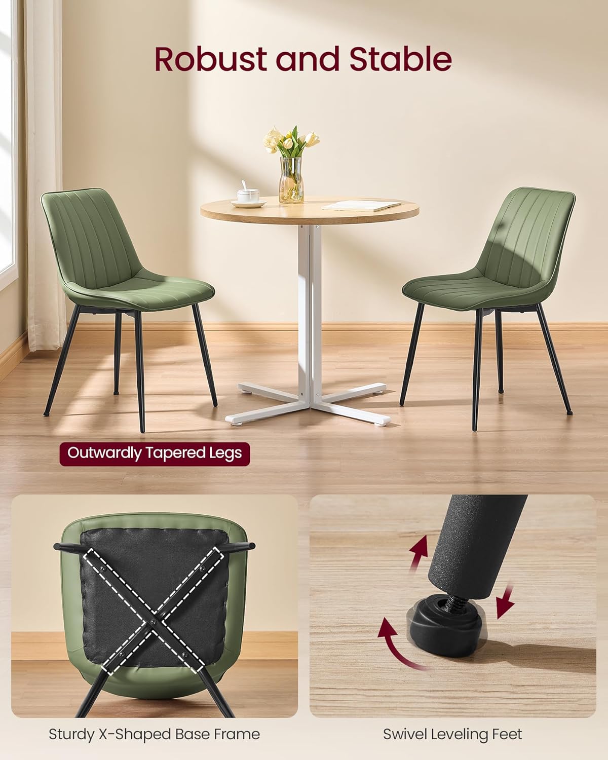VASAGLE Dining Chairs Set of 2, Upholstered Kitchen Chairs, PU Leather | Steel Legs, Curved Backrest, for Dining Room, Forest Green and Ink Black ULDC090CH02