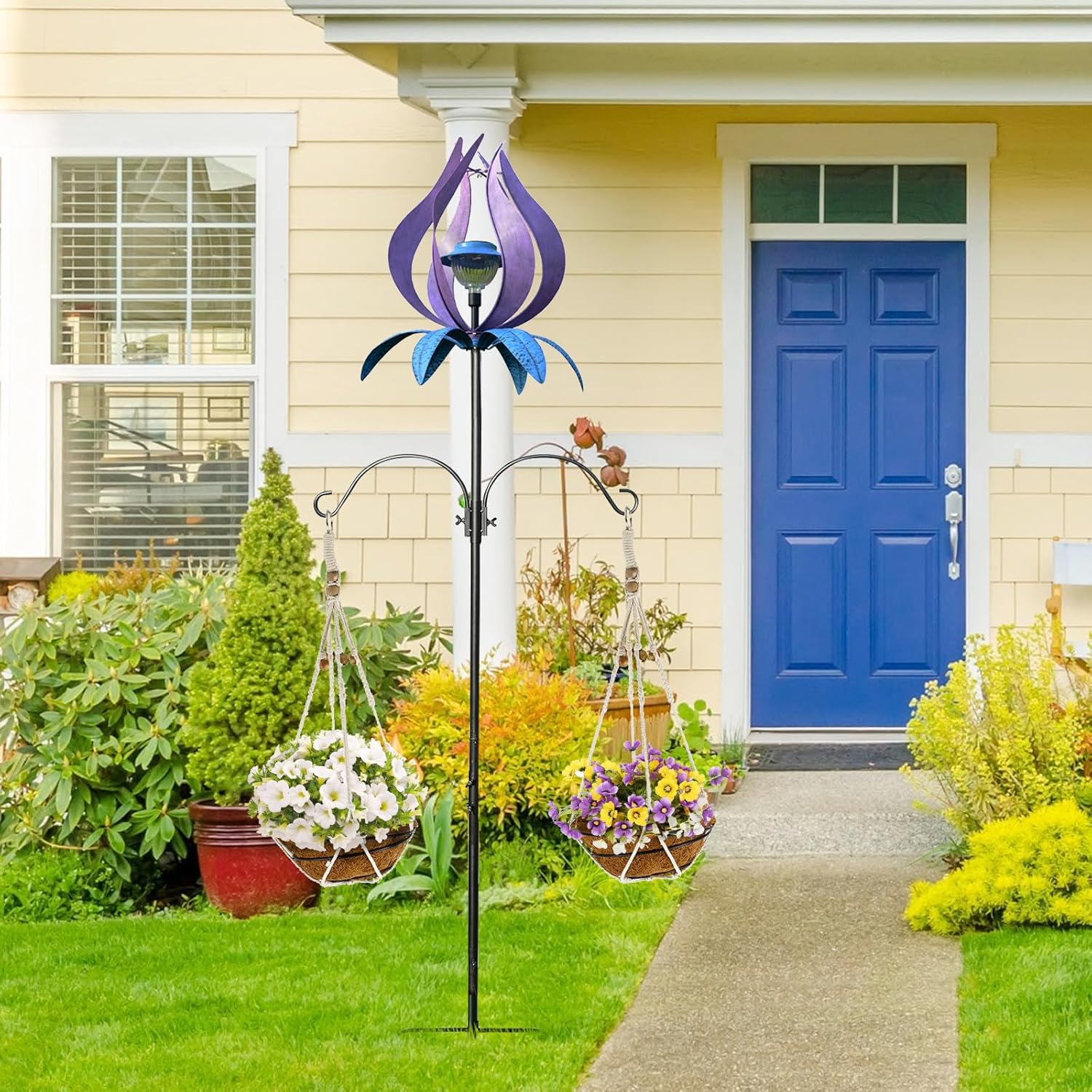 Multifunction Solar Wind Spinner Outdoor with Shepherd Hooks MANORTANG 83 Inch Metal Large Landscape Light Double Coconut Basket LED Windmill Outdoor Decoration for Yard Garden Lawn Patios (Purple)