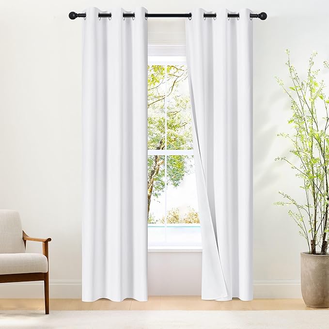 NICETOWN 100% Blackout Window Curtain Panels 84" Length, Set of 2, Snow White, 34 inches Wide, Thermal Insulated Drapes for Kitchen