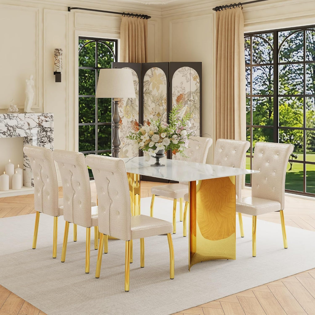 71" Dining Table Set for 6, White Faux Marble Dining Room Table Set for 6 with PU Leather Chairs and Gold Metal Legs, Easy Clean Kitchen Dining Set