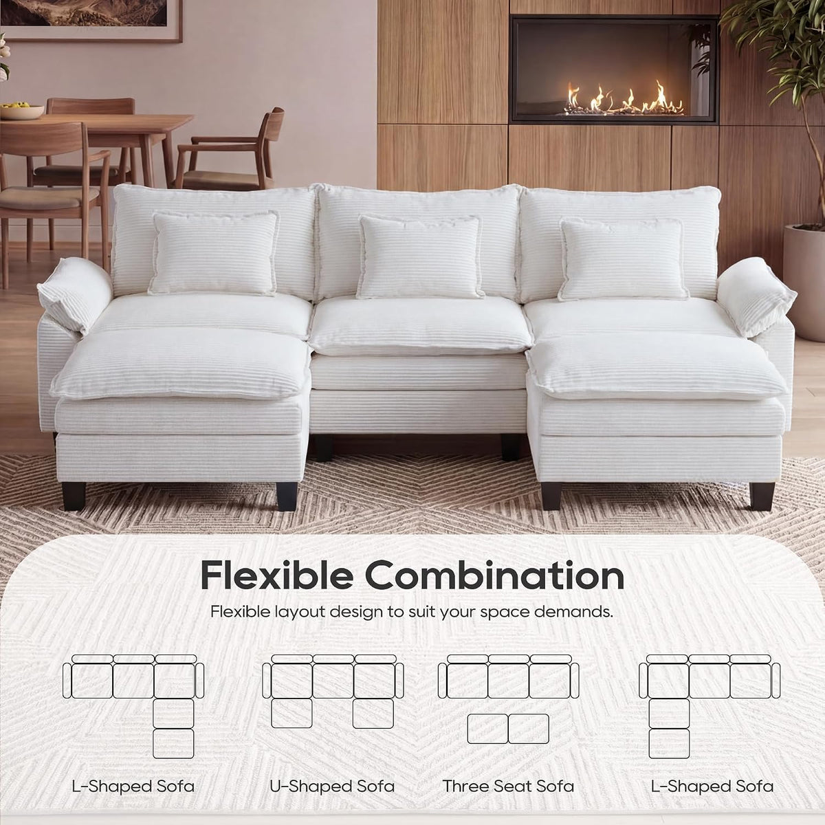 URRED Oversized Modular Sectional Sofa，Solid Beige：122" U Shaped | Modern Comfy Cloud Couch with Movable Ottoman and Pillow, Deep Seat Couches for Living Room, Bedroom or Apartment
